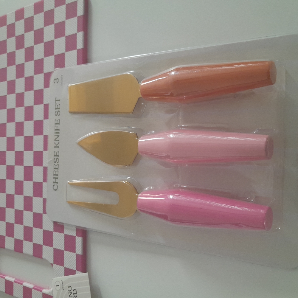 Pink and Orange Cheese Knife Set And Cutting board.